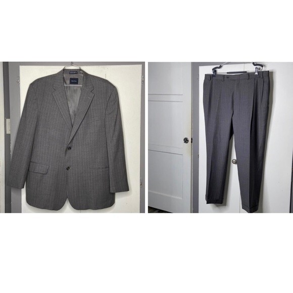 NAUTICA Pant Suit Men 50R Gray Blazer Sport Coat Jacket Pin Stripes Wool (42x27)